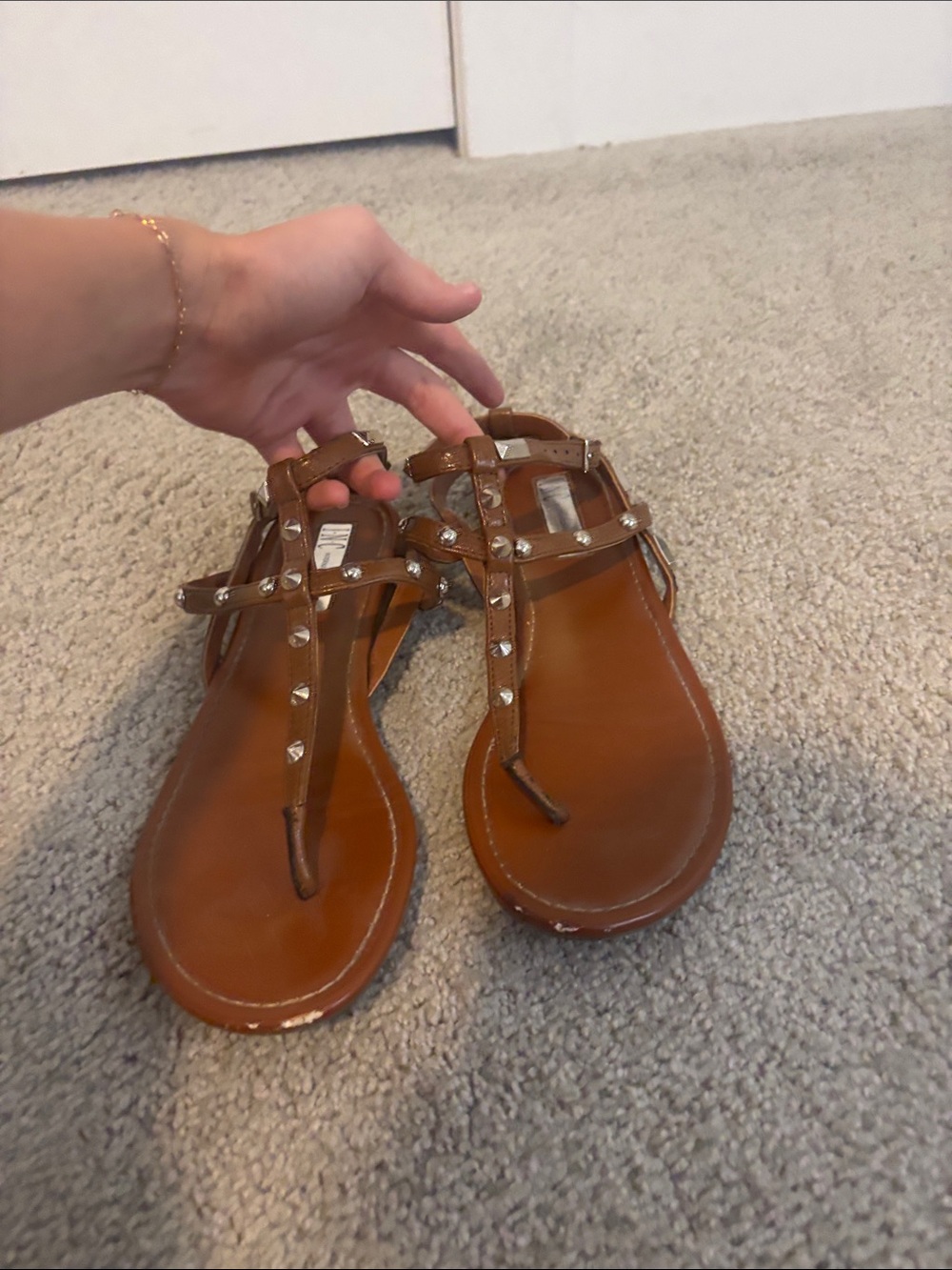 Studded T-Strap Women's Sandals in Brown